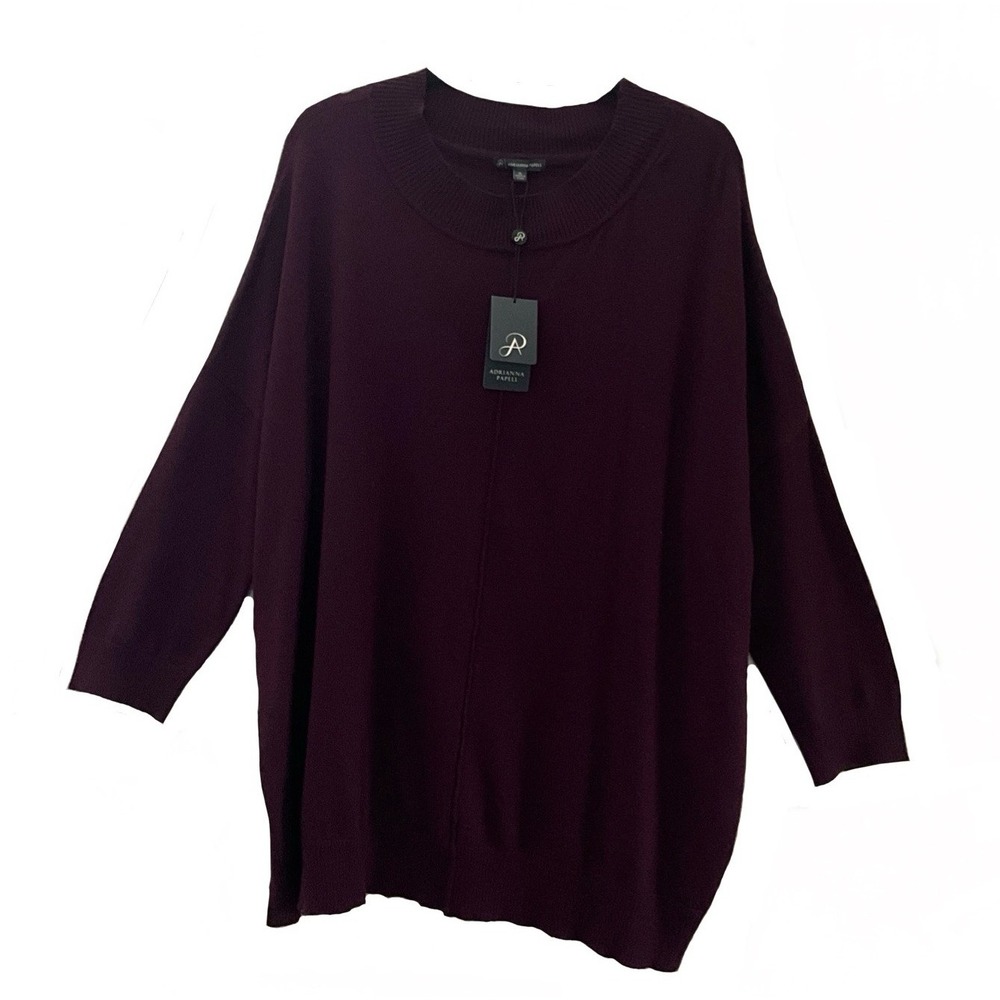 Adrianna Papell Womens Plum Knit Oversized Sweater 3/4 Sleeve Tunic Size XL NWT